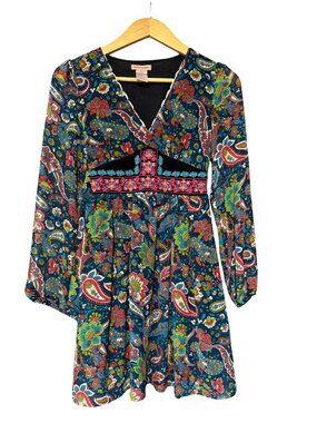 Flying Tomato Paisley Mini Dress Long Sleeves Embroidered Waist Sz XS